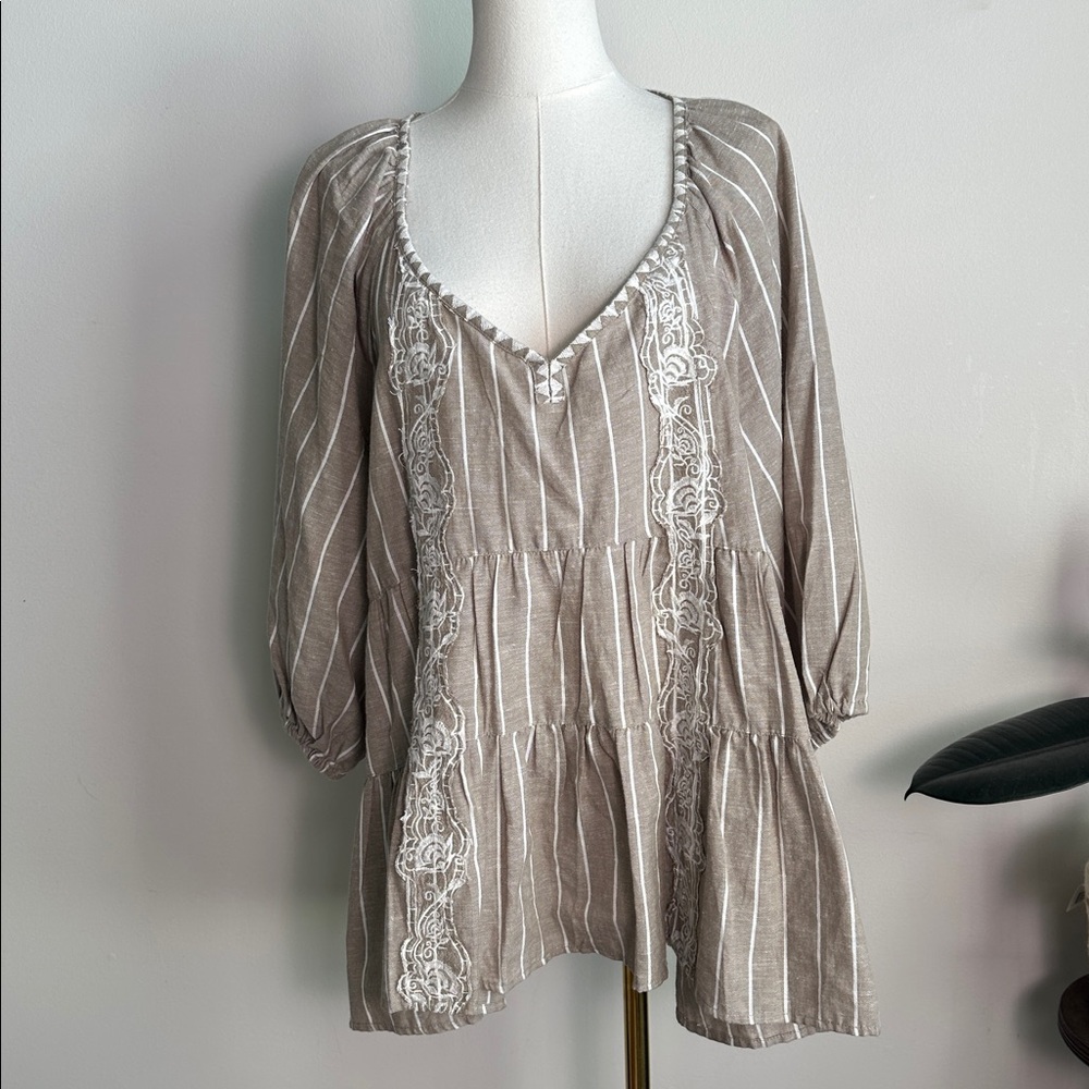 Womens Sz L Embroidered Striped Tiered Tunic Blouse Cotton Linen Coastal Cowgirl